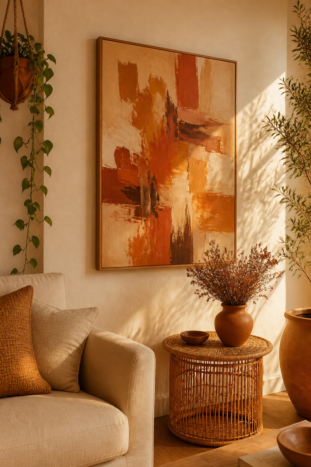 This terracotta and ochre abstract painting connects biophilic design principles with artisanal warmth. Earthy-toned living room artwork reduces visual stress and creates a more restful space.