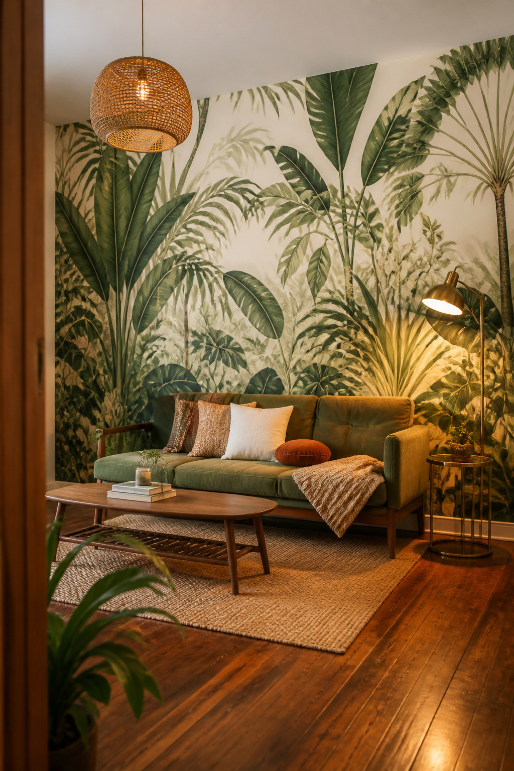 Botanical mural wallpaper from a brand like Wall Blush or Urbanwalls transforms this living room accent wall in an afternoon. Peel-and-stick application requires no professional install and removes cleanly for renters.