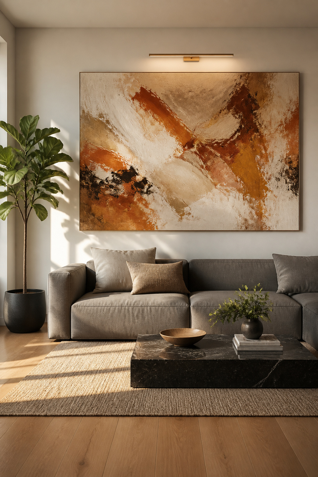 A single oversized canvas in warm earthy tones anchors this living room with a confidence that smaller pieces simply cannot match. Bottom edge sits 8 inches above the sofa back.