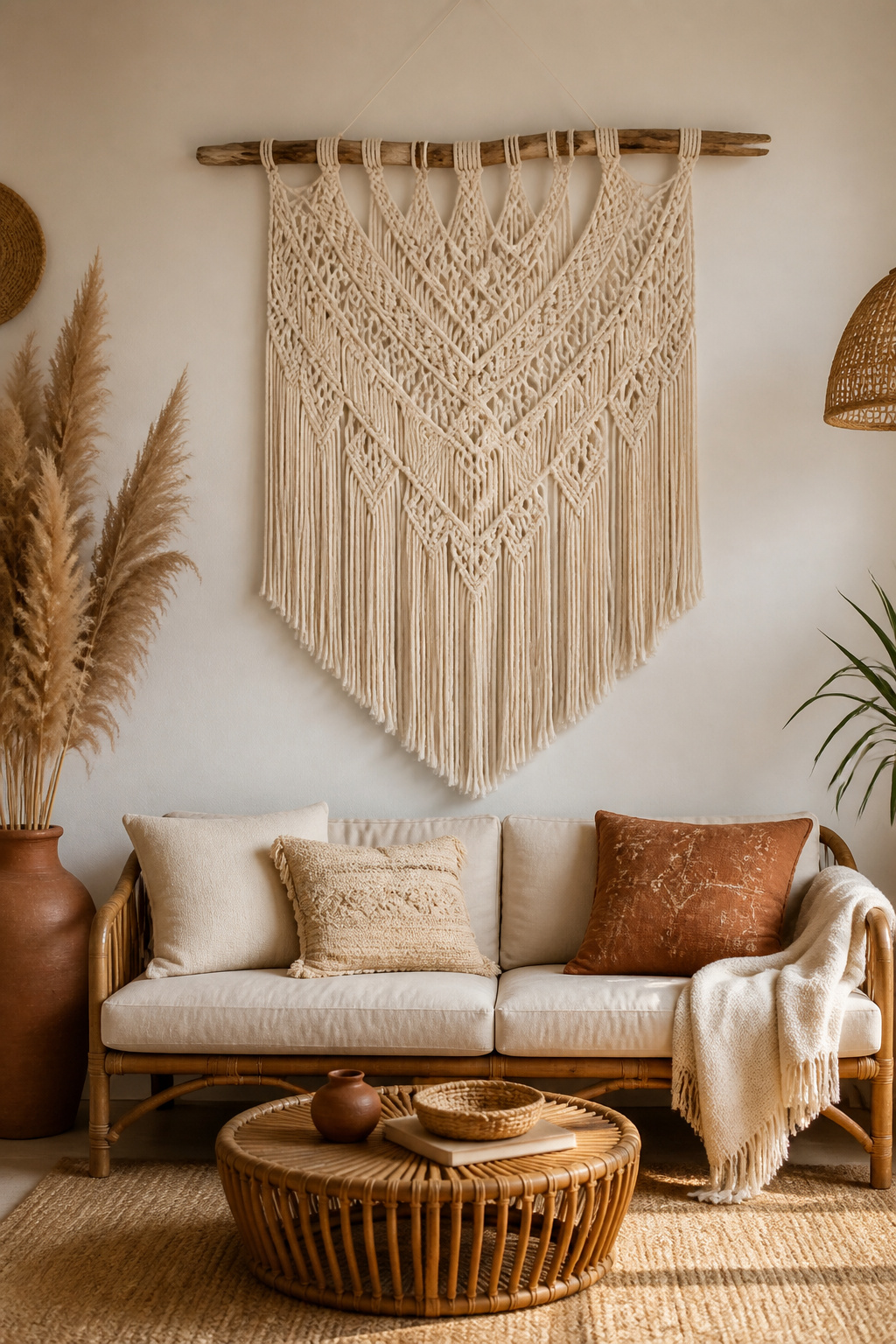 A large natural cotton macramé wall hanging in lattice knotwork brings handmade warmth and acoustic softness to a bohemian living room. Scale is critical — this piece spans 40 inches to hold the wall with authority.