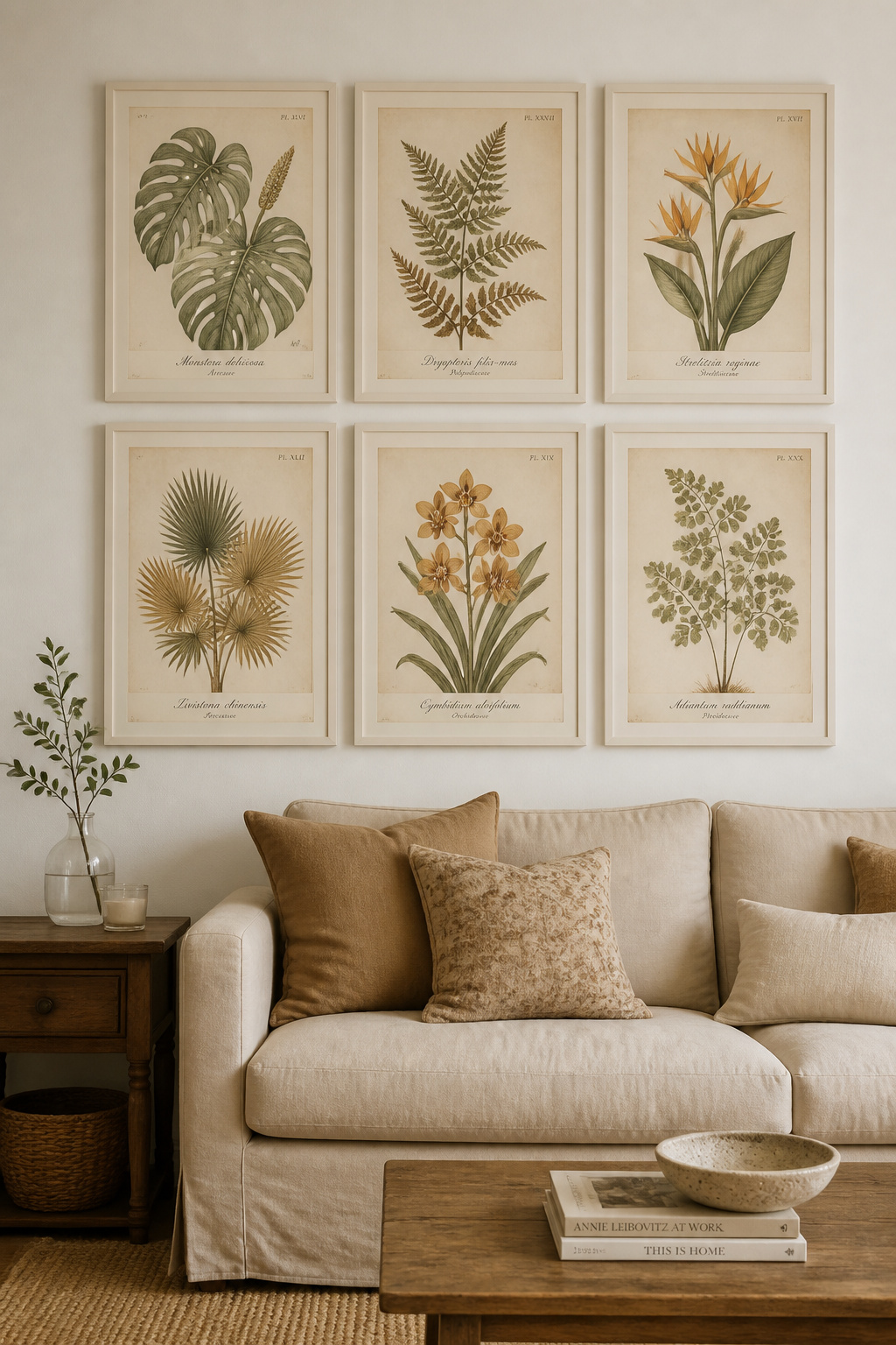 Six vintage botanical prints in a clean 2×3 grid bring intellectual warmth and organic texture to this living room. Museum-quality reproduction on acid-free paper is essential for long-term colour retention.