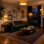 A complete contemporary British living room — Chesterfield sofa, gallery wall, layered rugs, jewel-toned velvet chair, and a reading corner — showing what living room furniture decor looks like when each decision has been made with intention rather than impulse.