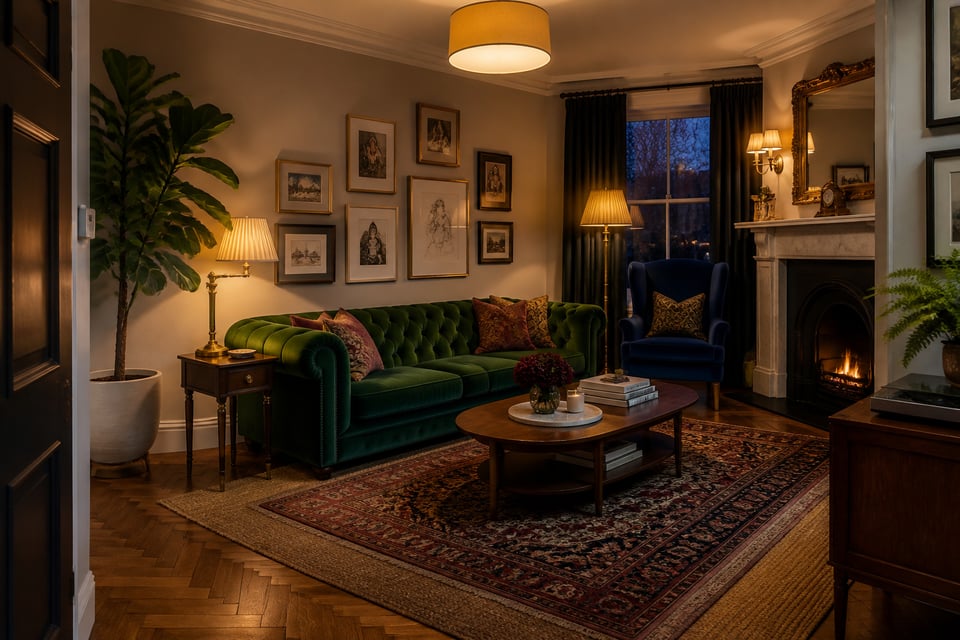 A complete contemporary British living room — Chesterfield sofa, gallery wall, layered rugs, jewel-toned velvet chair, and a reading corner — showing what living room furniture decor looks like when each decision has been made with intention rather than impulse.