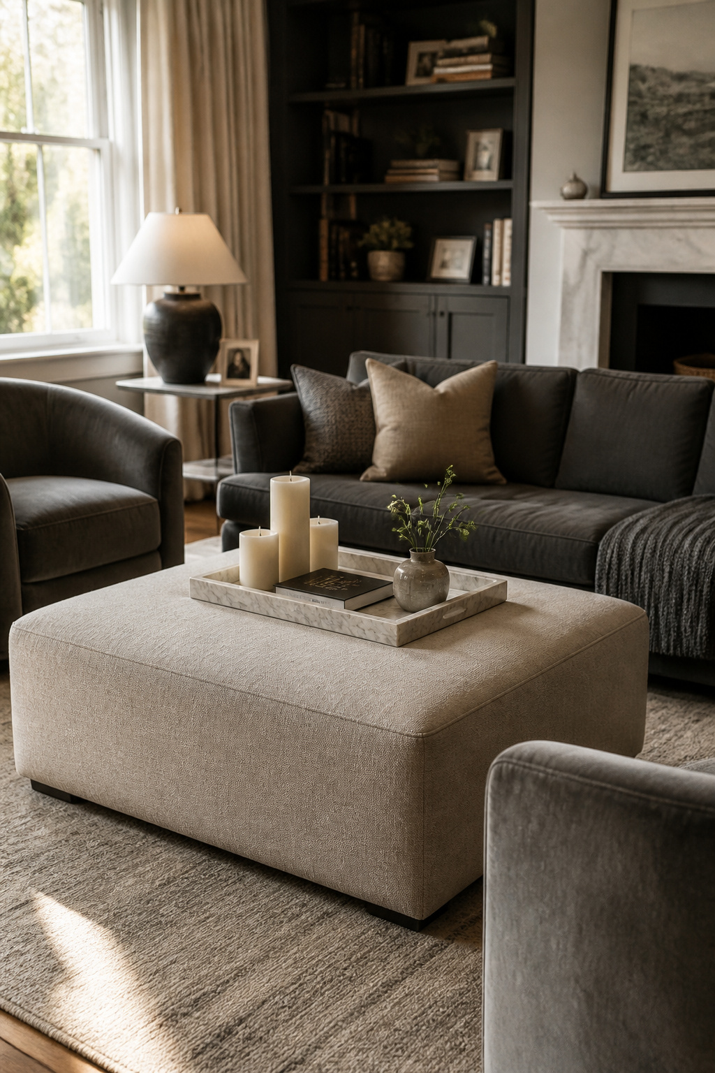 A large square linen ottoman replaces the coffee table entirely — with a marble tray on top it becomes a stable surface, footrest, and occasional seat in one piece of furniture.
