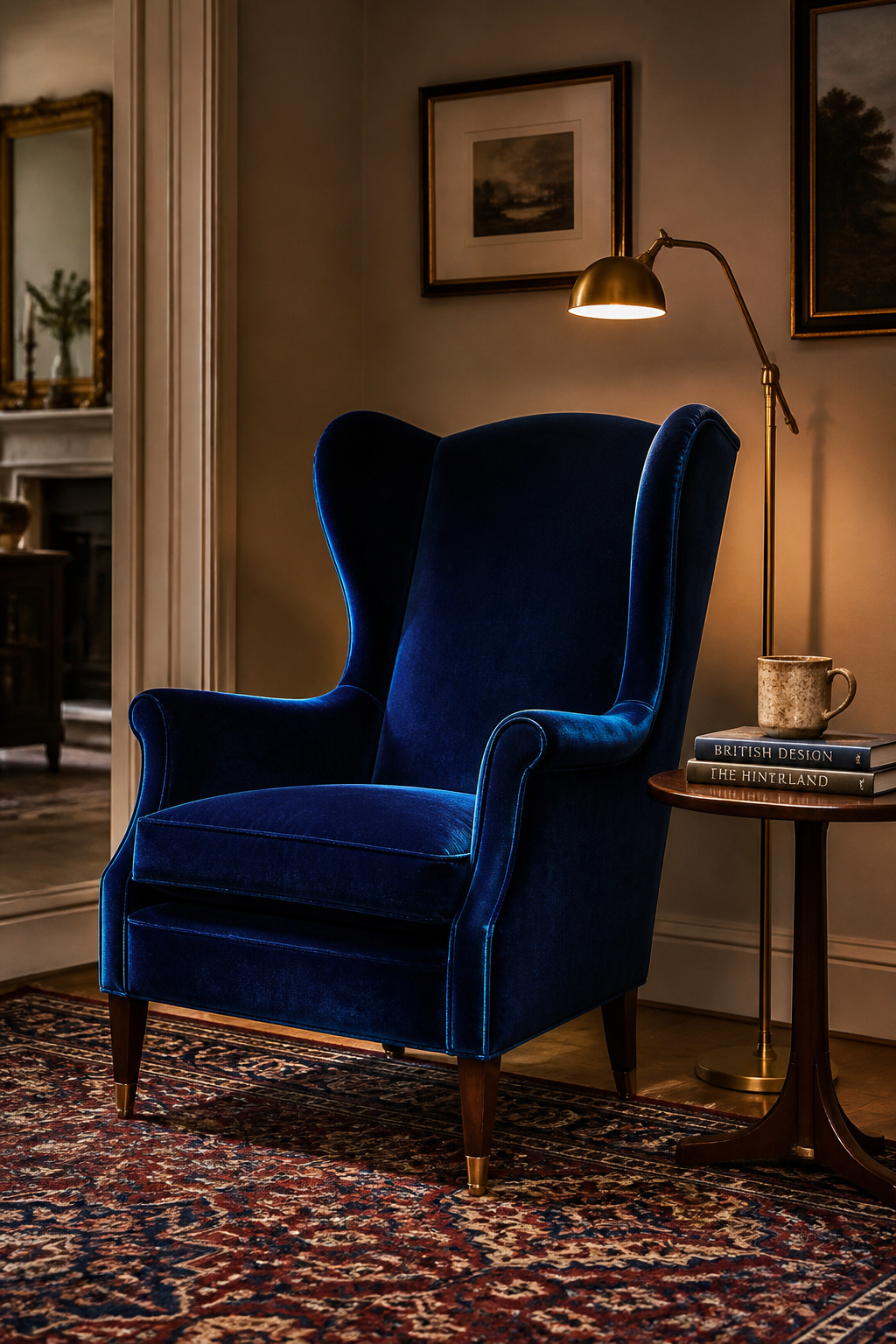 A sapphire velvet wingback with a brass floor lamp creates a destination — not overflow seating, but a place the room is clearly organised around.