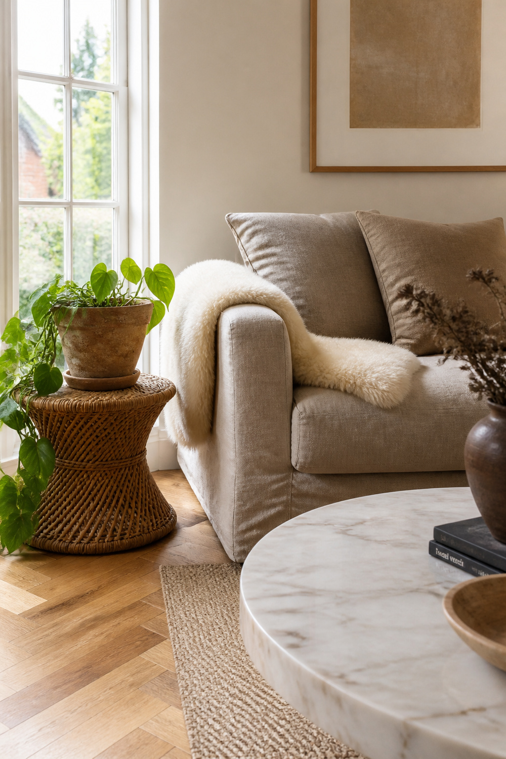 Linen, rattan, oak, and terracotta in a single room — natural materials improve with use rather than simply wearing out, which is why rooms built around them feel more resolved with every passing year.