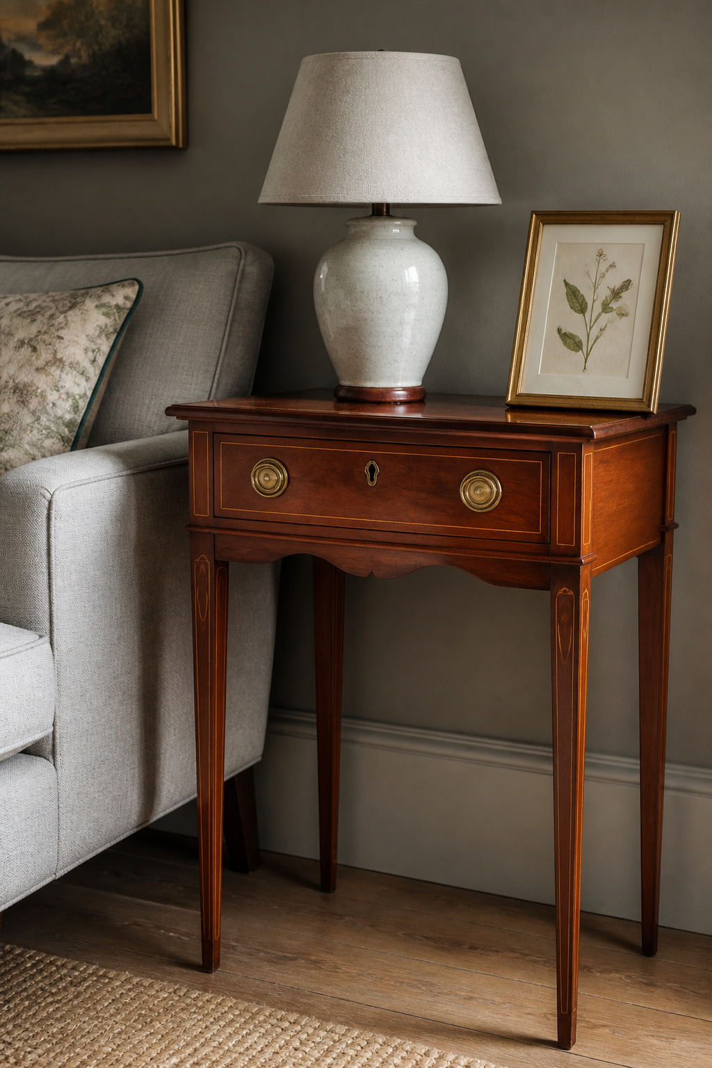 A Hepplewhite side table beside a contemporary linen sofa — Georgian and Regency furniture's slim legs and restrained ornament are more compatible with modern sofas than Victorian pieces, and considerably less competed-over than mid-century.