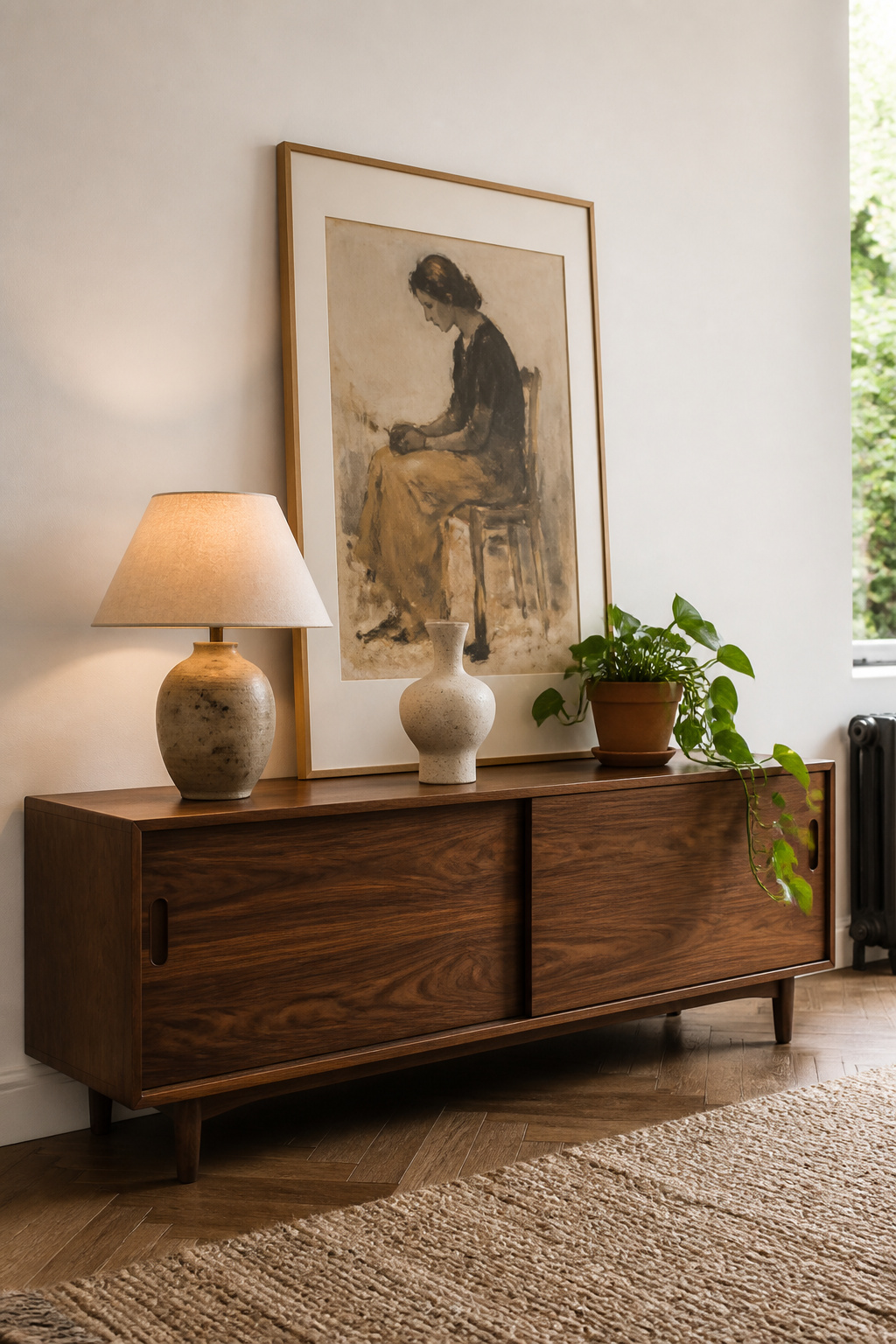 A low walnut credenza with lamp, single ceramic, and leaning art on top achieves the horizontal visual weight of a sideboard without the scale that interrupts a room's sightlines.