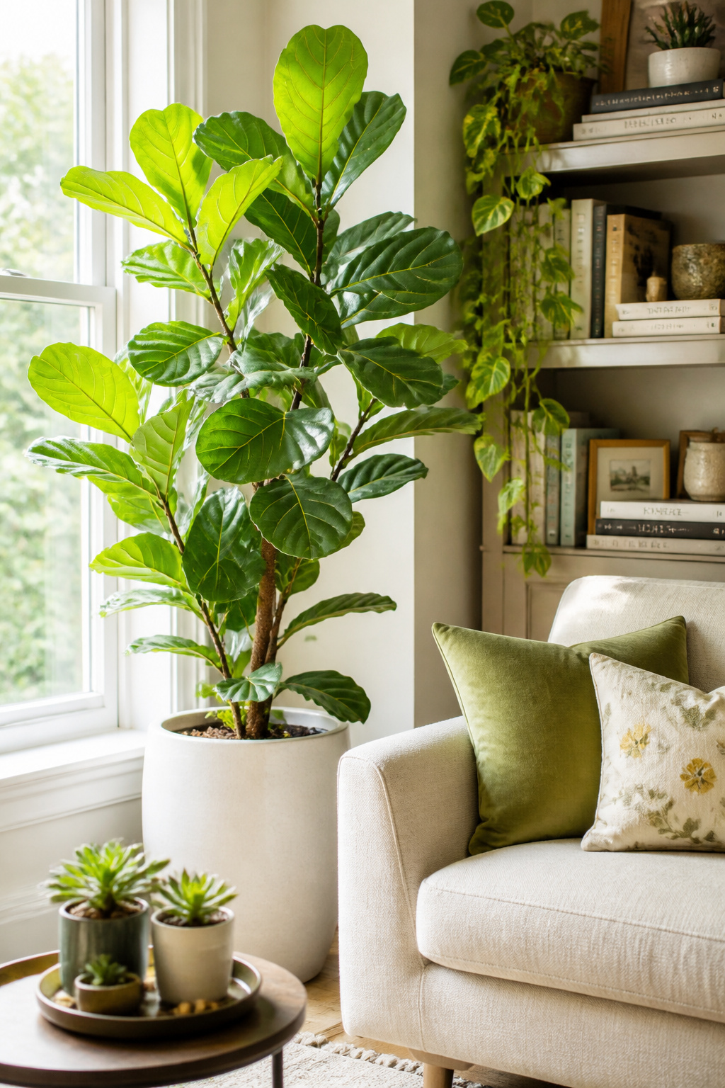 Plants at three scales in one room — a large fiddle-leaf fig anchoring a floor corner, pothos trailing from a shelf, and a small succulent on the side table — creates depth that inanimate objects cannot replicate.