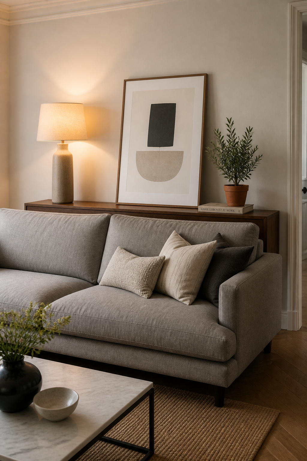 A console table behind a floating sofa closes the architectural gap, adds a lamp from the back of the arrangement, and makes the room feel deliberately composed from every angle.