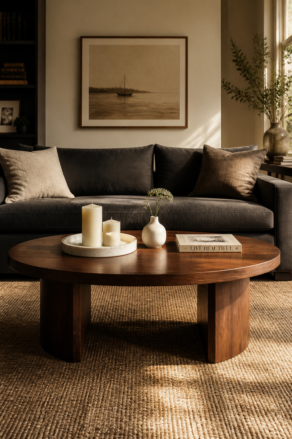 An oval walnut coffee table styled with a marble tray, one book, and a single stem sits at two-thirds the sofa's length — the right proportion makes everything else look better.