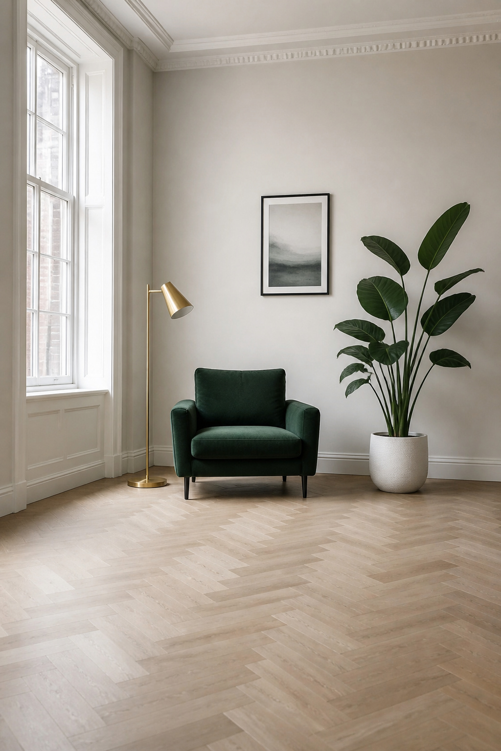 One chair, one lamp, one plant, and generous empty floor space — negative space is not neglect; it is the condition that makes every object in the room matter.