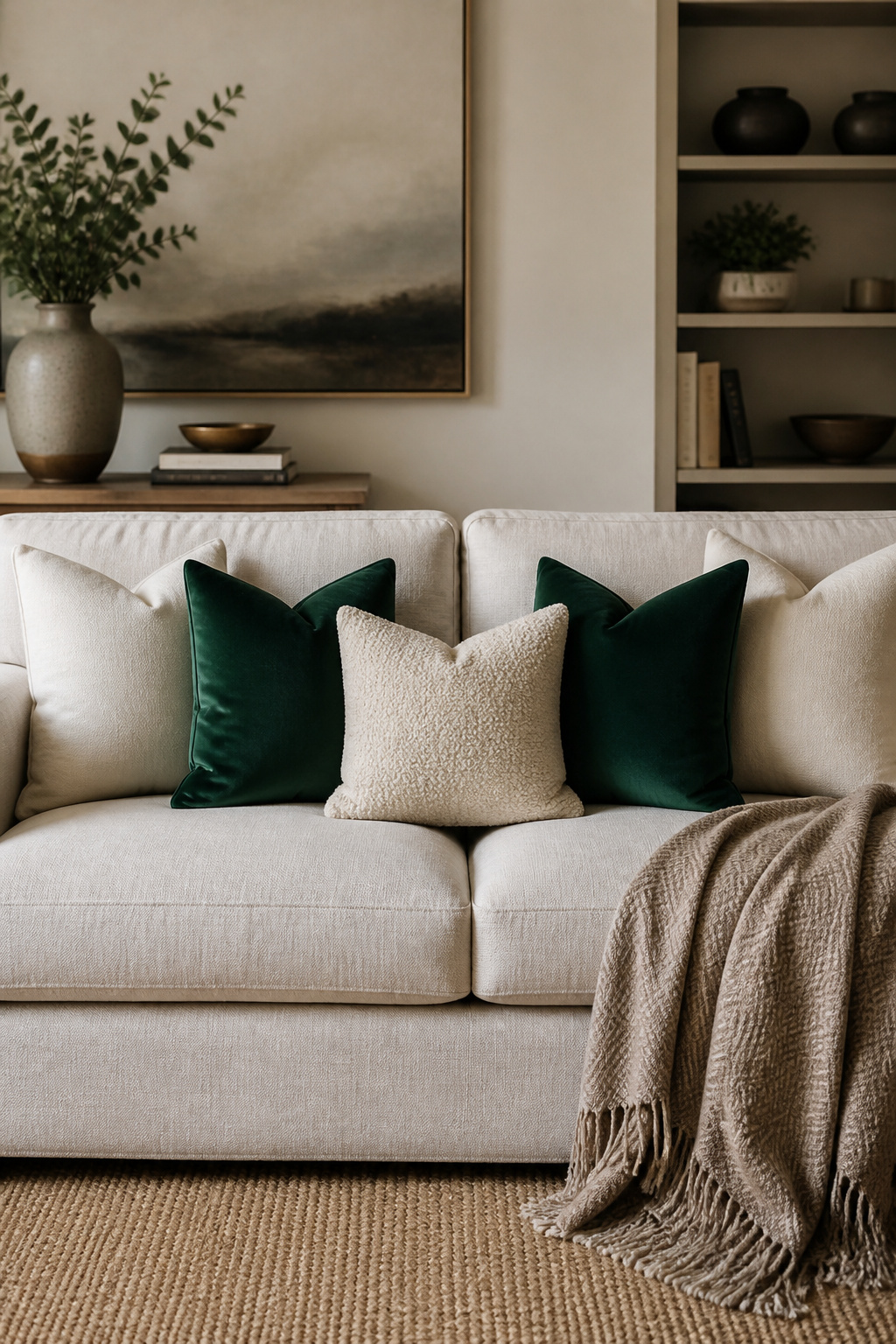 Five cushions on a three-seater: two linen, two emerald velvet, one boucle — the texture contrast between light and heavy fabrics is what makes the arrangement interesting.