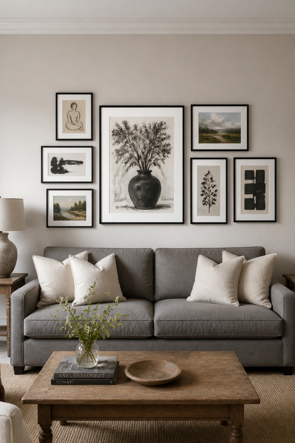 A gallery wall scaled to the 2/3 rule — art width approximately two-thirds the sofa length — reads as a single curated composition rather than a collection of hung decisions.