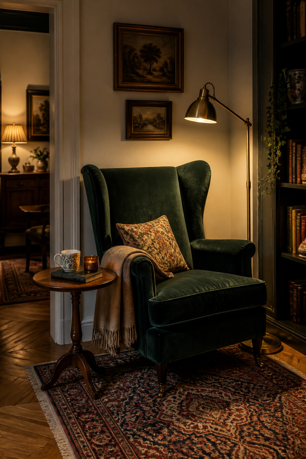 A reading corner needs three things placed correctly — the chair's enclosure, the lamp's position behind and to the side of the reading shoulder, and a side table within two inches of the arm height.