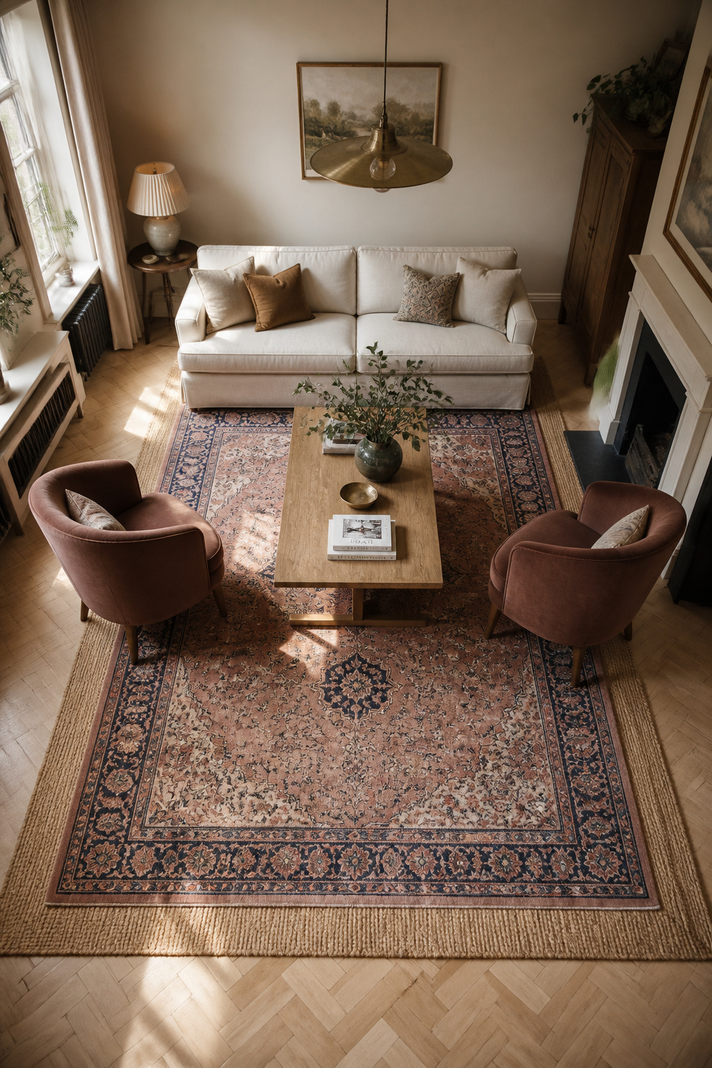 Layering a patterned rug over a jute base defines the seating zone and adds visual depth that a single rug simply cannot achieve.
