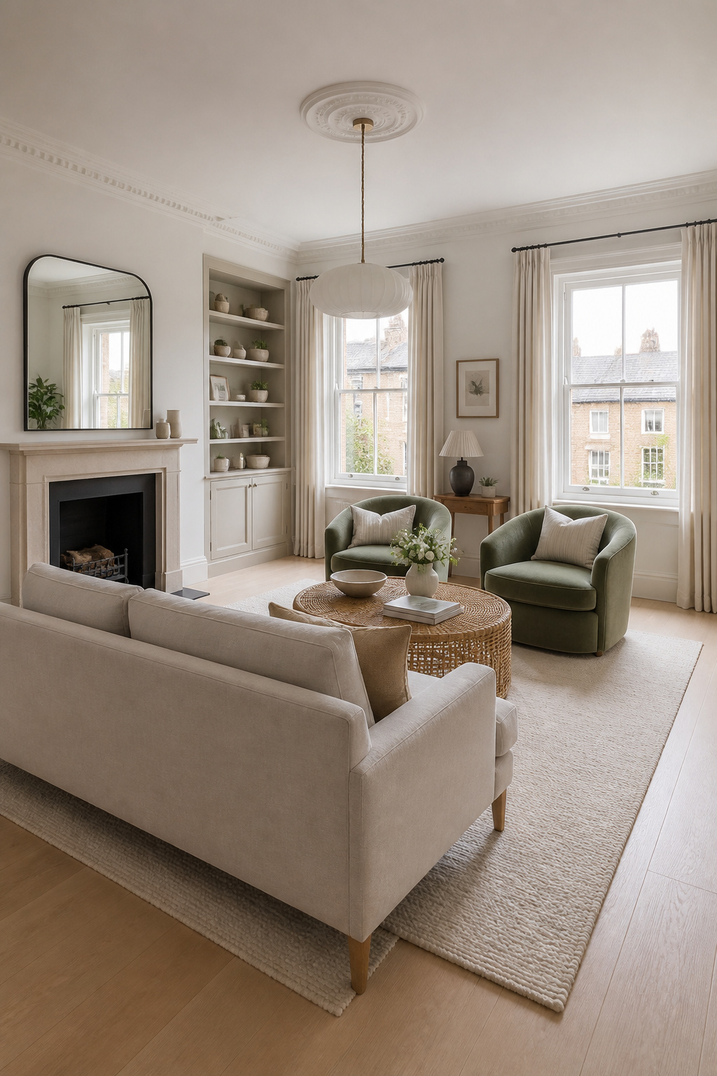 Furniture floated 12-14 inches from the walls with seating facing inward at conversation distance — this arrangement makes the room look larger and function better.