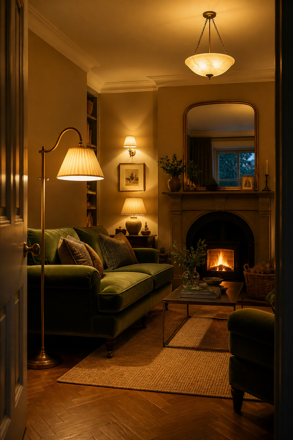 Three lighting layers — ambient ceiling, task floor and table lamps, accent wall sconce — transform the same furniture from flat to dimensional as soon as the overhead light is dimmed.