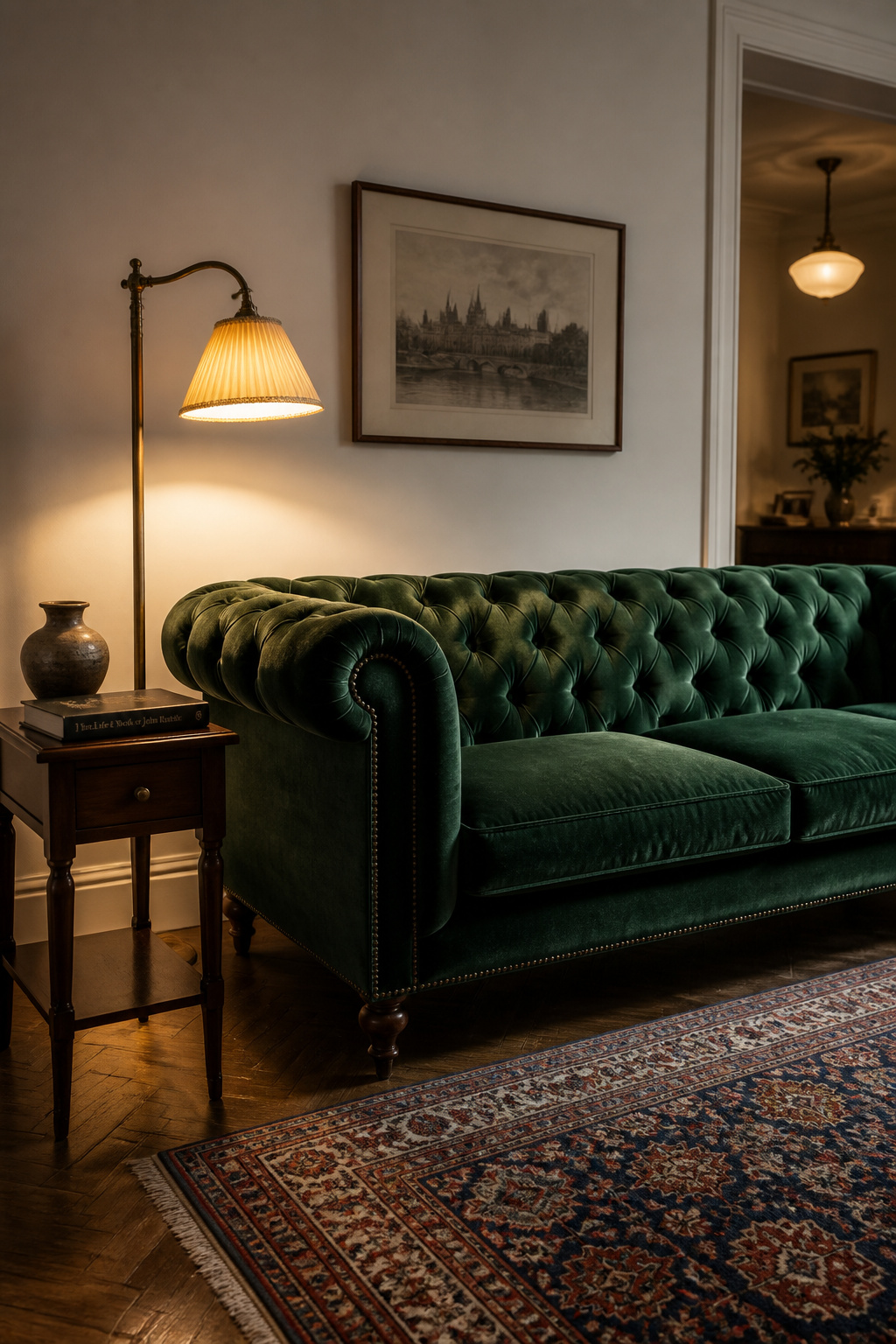 A deep-buttoned emerald velvet Chesterfield sofa brings three centuries of British design confidence into a contemporary room without any styling apology.
