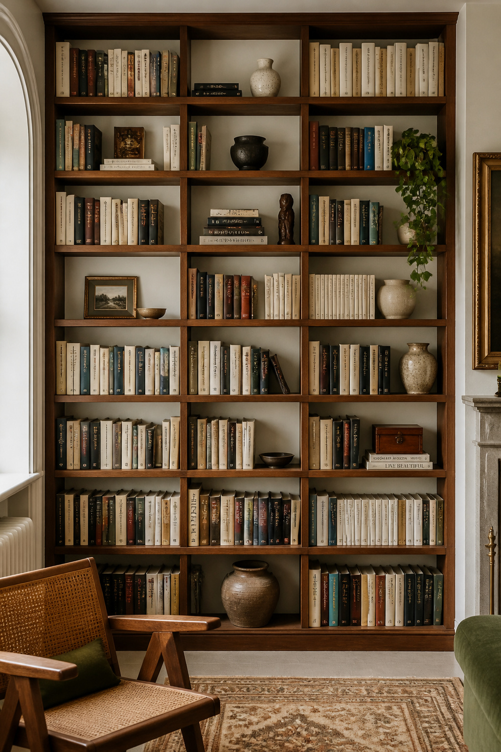 The 70/30 rule in practice: books at roughly two-thirds volume, decorative objects at one-third, with visible breathing room between clusters rather than shelf-edge-to-shelf-edge objects.