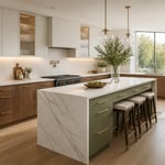 A complete contemporary kitchen combining walnut veneer lowers, pale white uppers, a sage green island, and Calacatta quartz — showing the visual range of contemporary kitchen cabinet design.