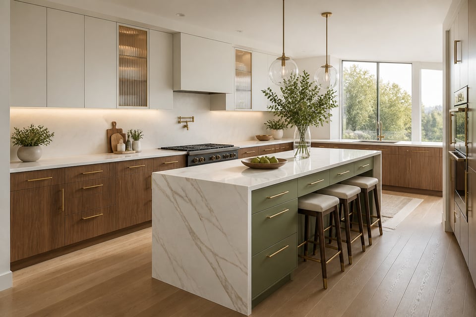 A complete contemporary kitchen combining walnut veneer lowers, pale white uppers, a sage green island, and Calacatta quartz — showing the visual range of contemporary kitchen cabinet design.