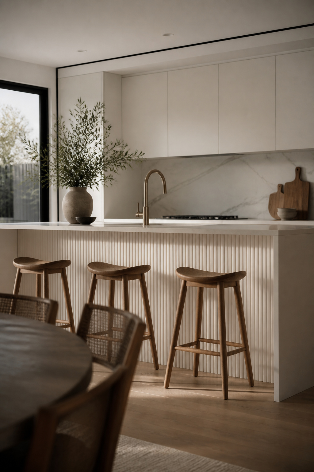 Fluted MDF panel kitchen island face in the same warm white as the surrounding flat-panel perimeter cabinets, with directional light emphasising the groove shadow detail.