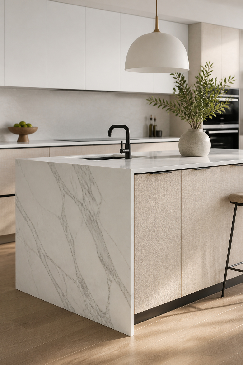 A contemporary kitchen combining a stone-effect HPL island side panel with linen-texture laminate lower cabinet faces.