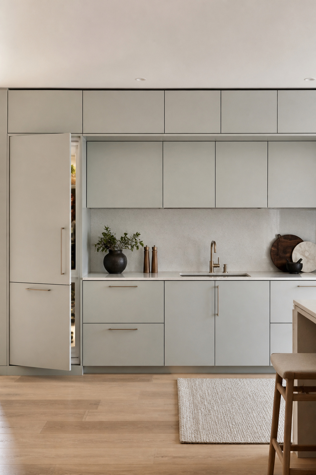 A fully integrated kitchen with panel-ready refrigerator and dishwasher hidden behind matching pale grey matte cabinet panels.