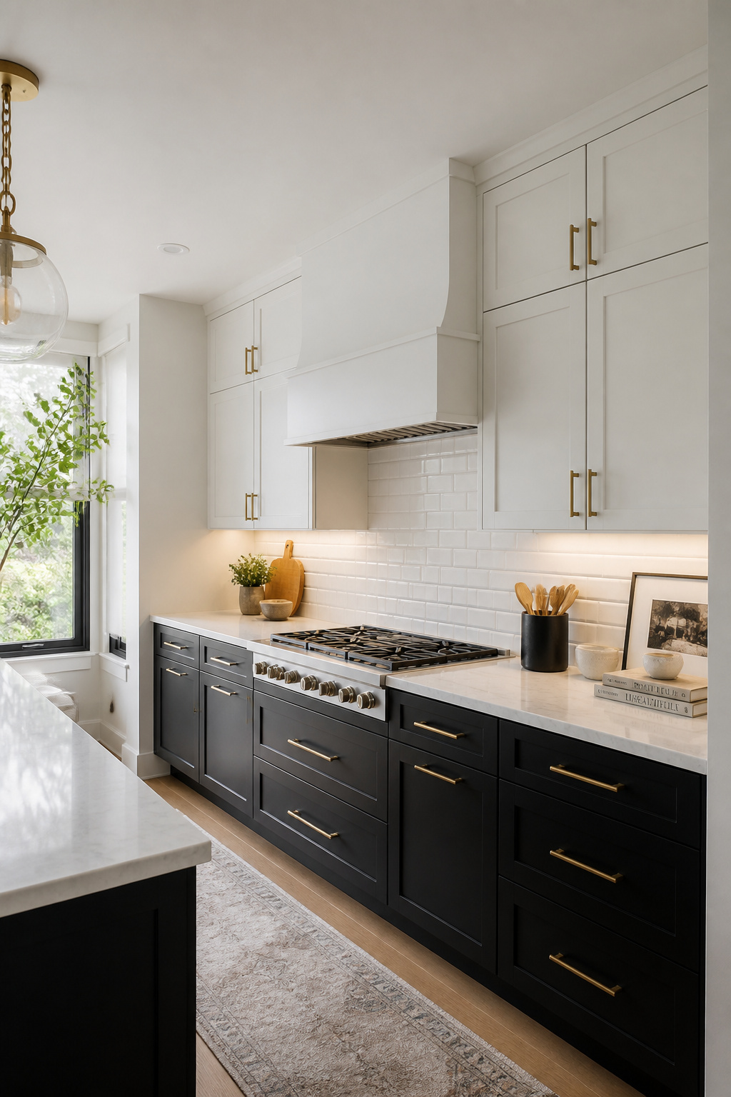 Matte black lower kitchen cabinets contrasted against white uppers and Calacatta quartz countertop, with unlacquered brass bar handles.