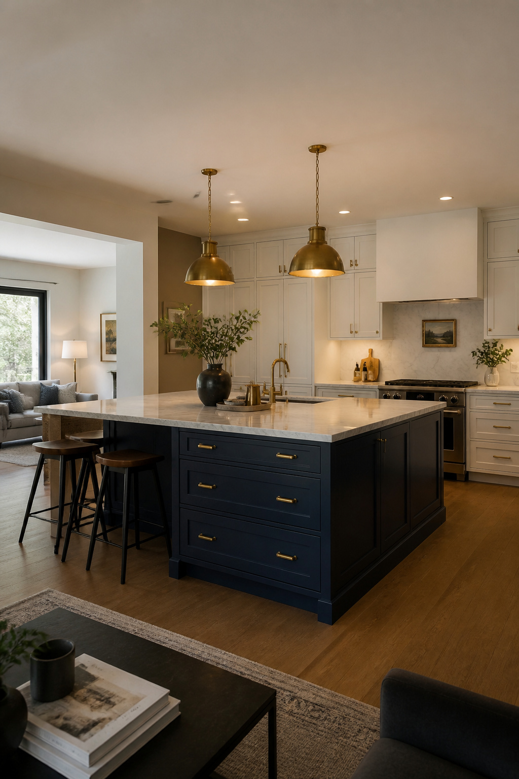 A deep navy kitchen island in an open-plan space, contrasted against white perimeter cabinets and topped with Carrara marble.