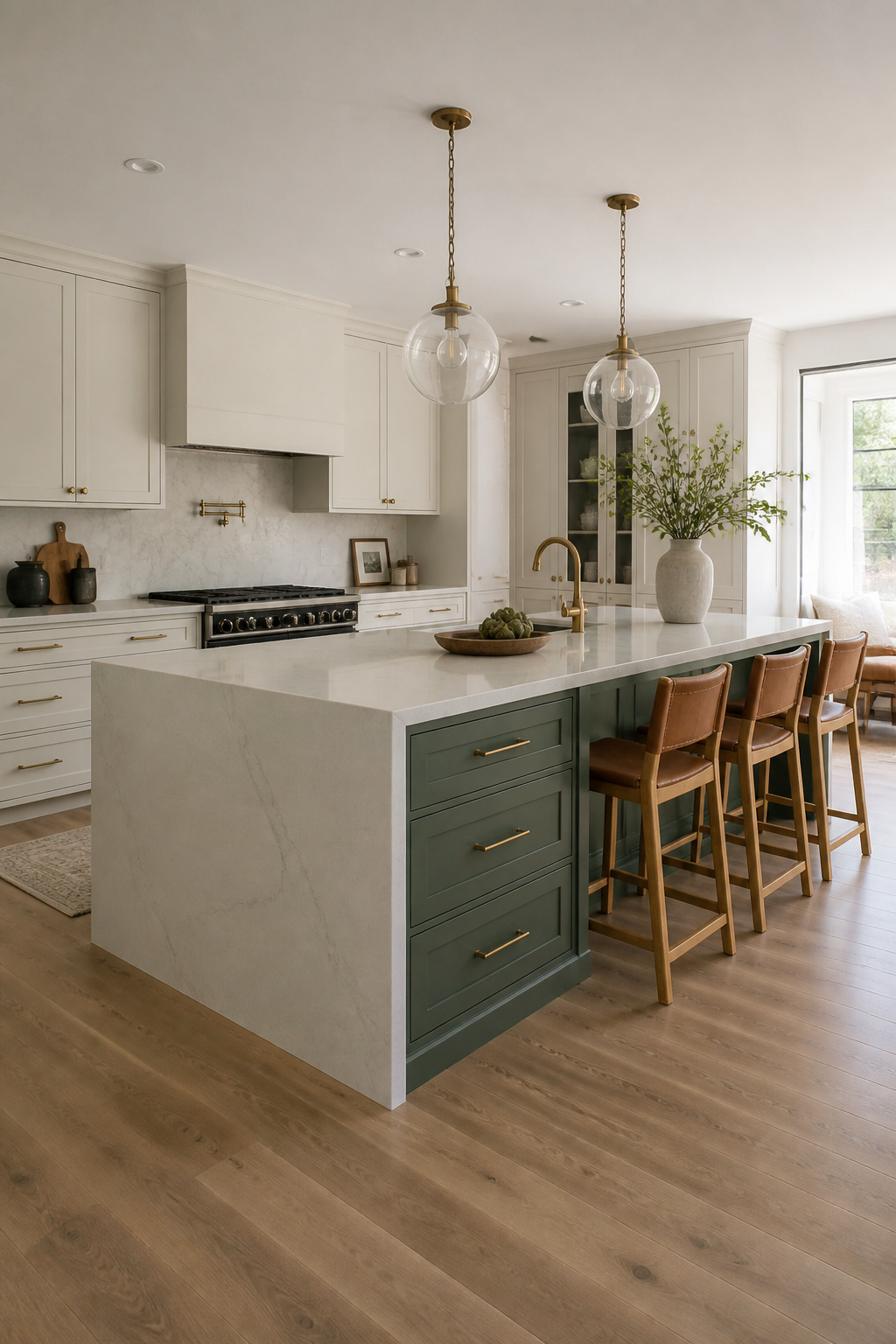 A sage green contrasting kitchen island with waterfall quartz countertop against pale white perimeter cabinets and bar stools.