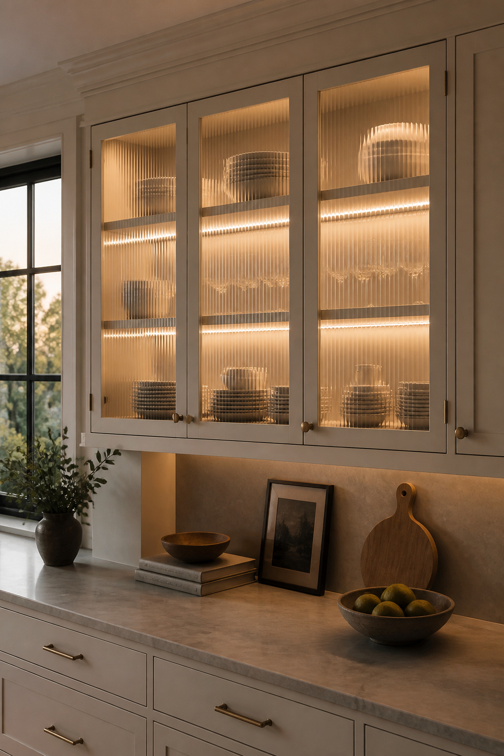 Fluted glass-front upper kitchen cabinets with interior LED shelf lighting displaying curated ceramics and glassware.