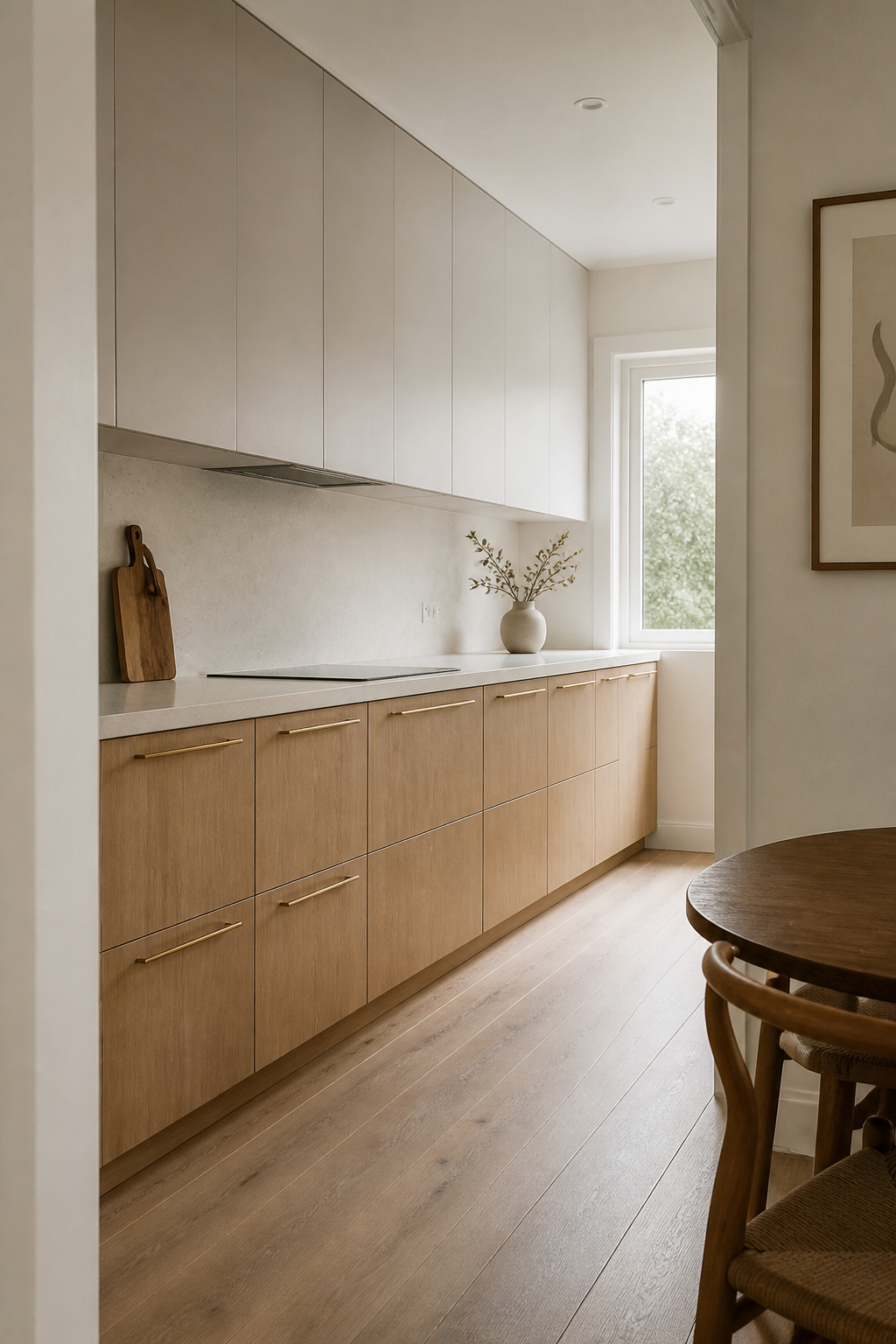 A matte oak veneer flat-panel kitchen with brushed brass bar handles, showing how natural grain and minimal profiling define contemporary cabinet design.