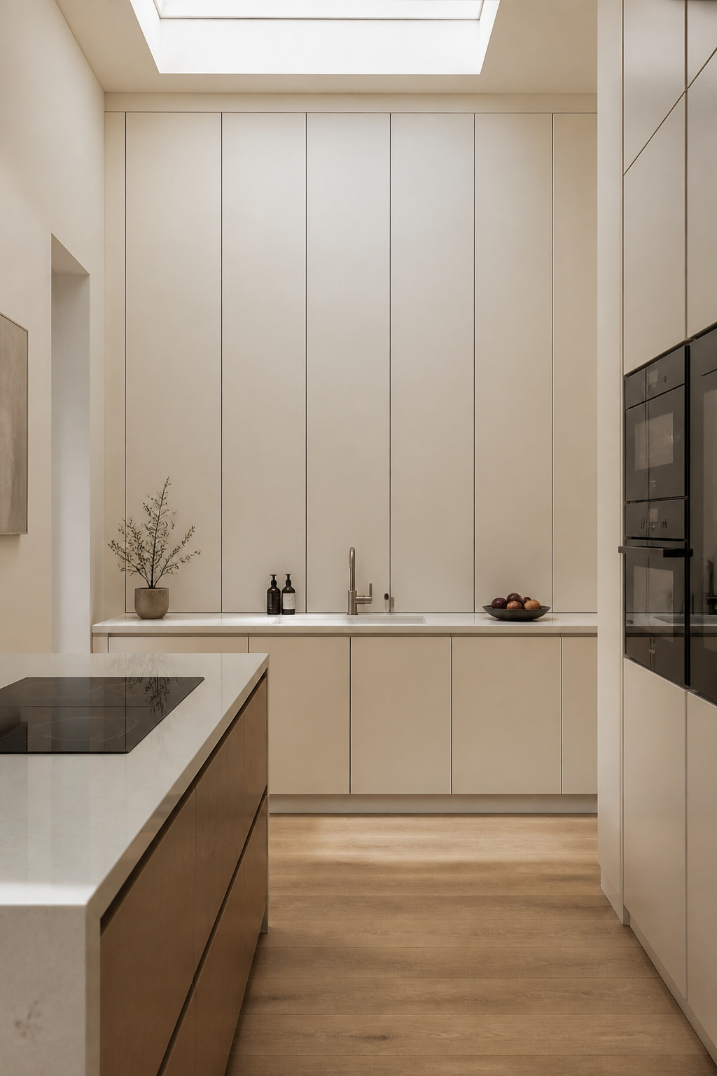 Floor-to-ceiling contemporary kitchen cabinets in pale warm white, with scribe moulding at the ceiling junction and integrated countertop.
