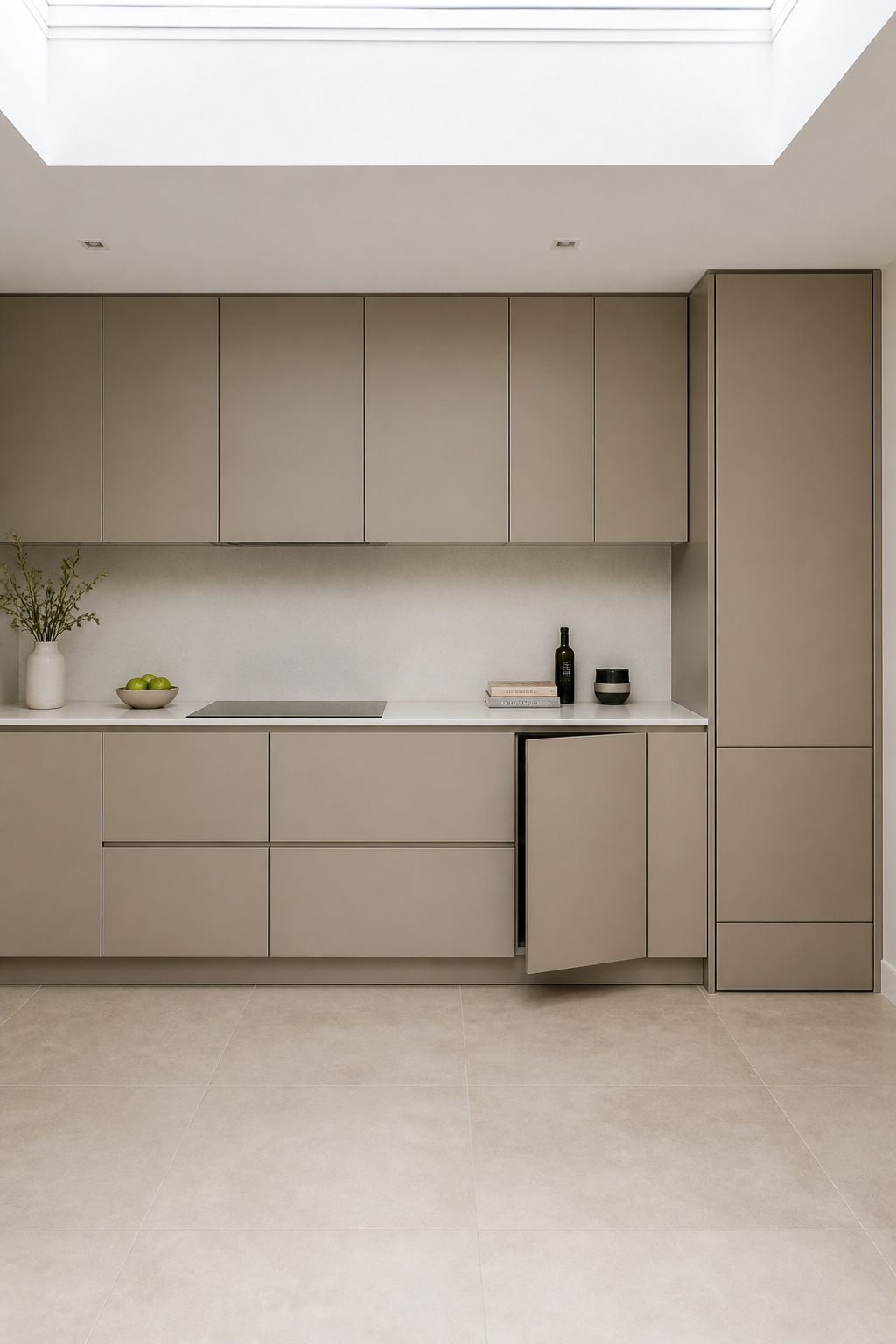 A fully handleless matte greige kitchen showing the uninterrupted cabinet face effect of push-to-open door mechanisms.