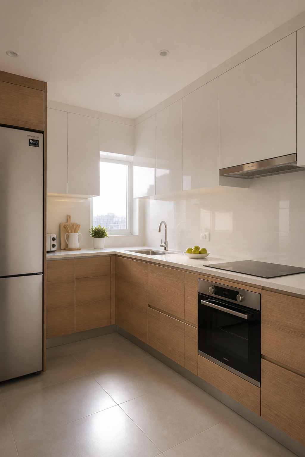 High-gloss white upper cabinets paired with warm oak-effect lowers in a compact kitchen, demonstrating how reflective surfaces amplify available light.