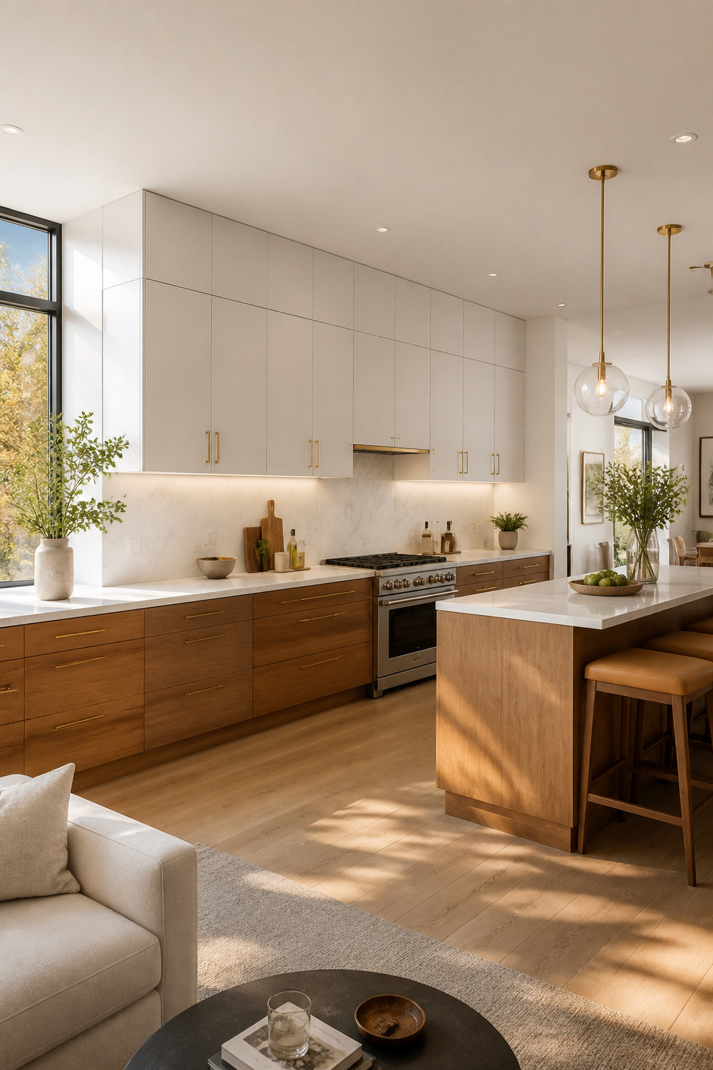 Two-tone kitchen with warm walnut-oak lower cabinets and soft white uppers, divided by a honed Calacatta quartz countertop.