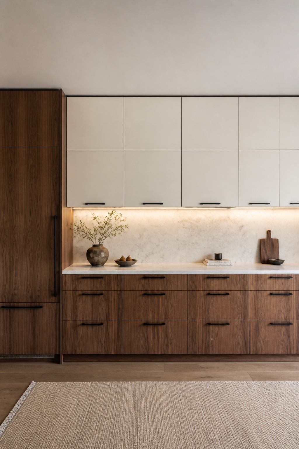 Walnut veneer lower kitchen cabinets paired with pale off-white upper cabinets and honed Carrara marble countertop.