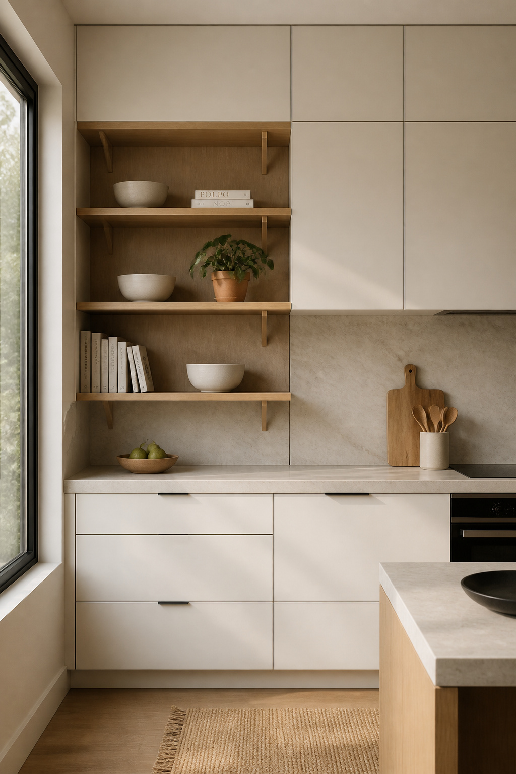 A hybrid kitchen wall combining flat-panel closed cabinets with integrated open oak floating shelves displaying curated ceramics.