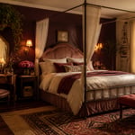A fully realized romantic bedroom brings together structural drama, color warmth, living elements, and sensory layering — each piece reinforcing the others into a space that feels genuinely intimate.