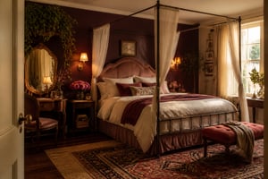 A fully realized romantic bedroom brings together structural drama, color warmth, living elements, and sensory layering — each piece reinforcing the others into a space that feels genuinely intimate.