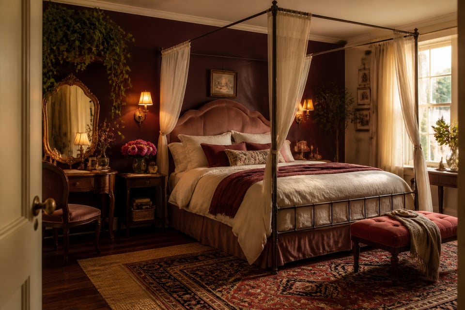 A fully realized romantic bedroom brings together structural drama, color warmth, living elements, and sensory layering — each piece reinforcing the others into a space that feels genuinely intimate.