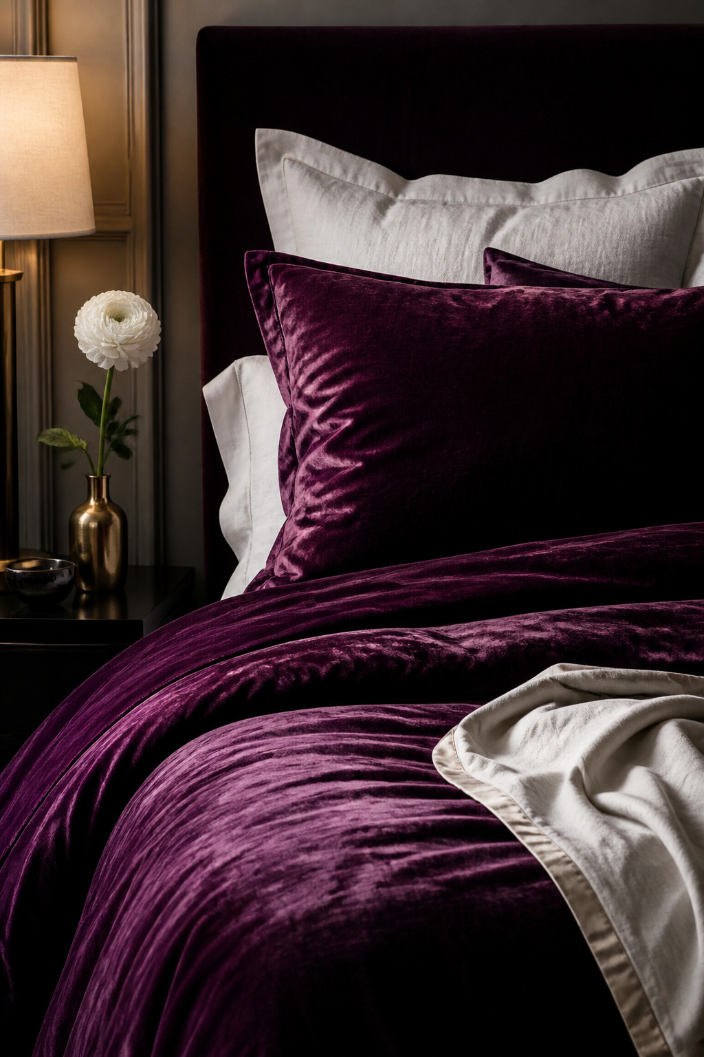 Deep plum velvet catches light directionally, shifting from violet to almost black depending on the angle — that interplay of tones is exactly what makes velvet bedding so unmistakably romantic.