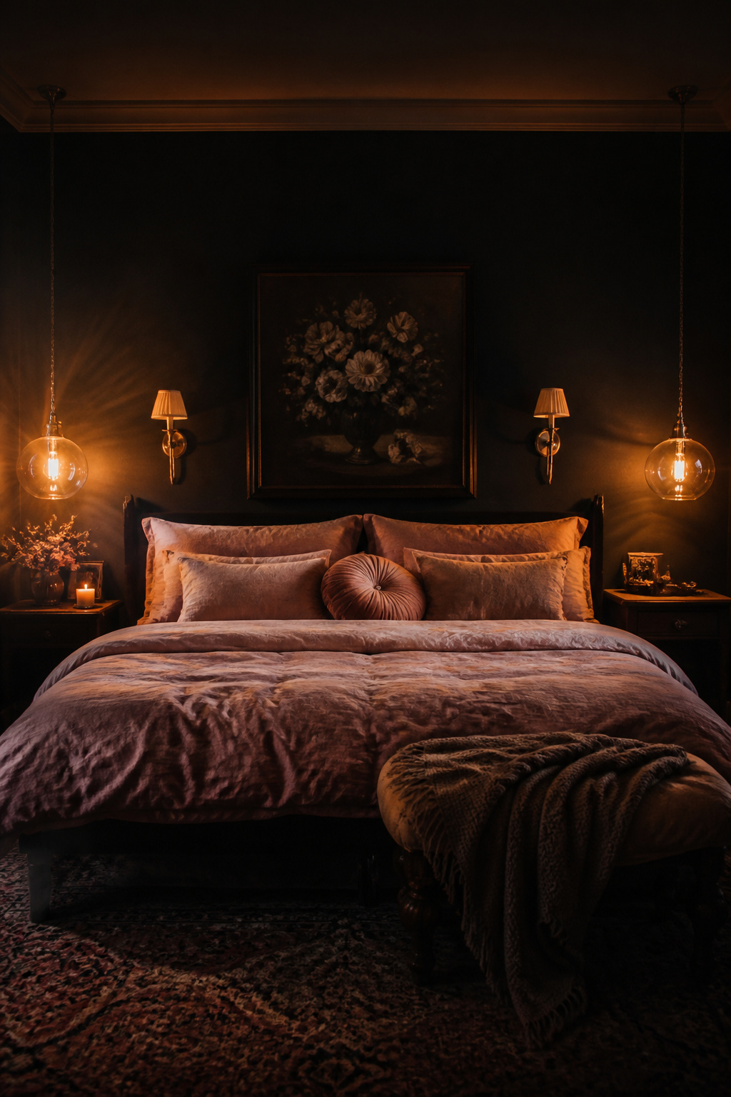 Glass globe pendants at bedside height replace harsh overhead lighting with the kind of warm, directional glow that makes any bedroom feel instantly more intimate.