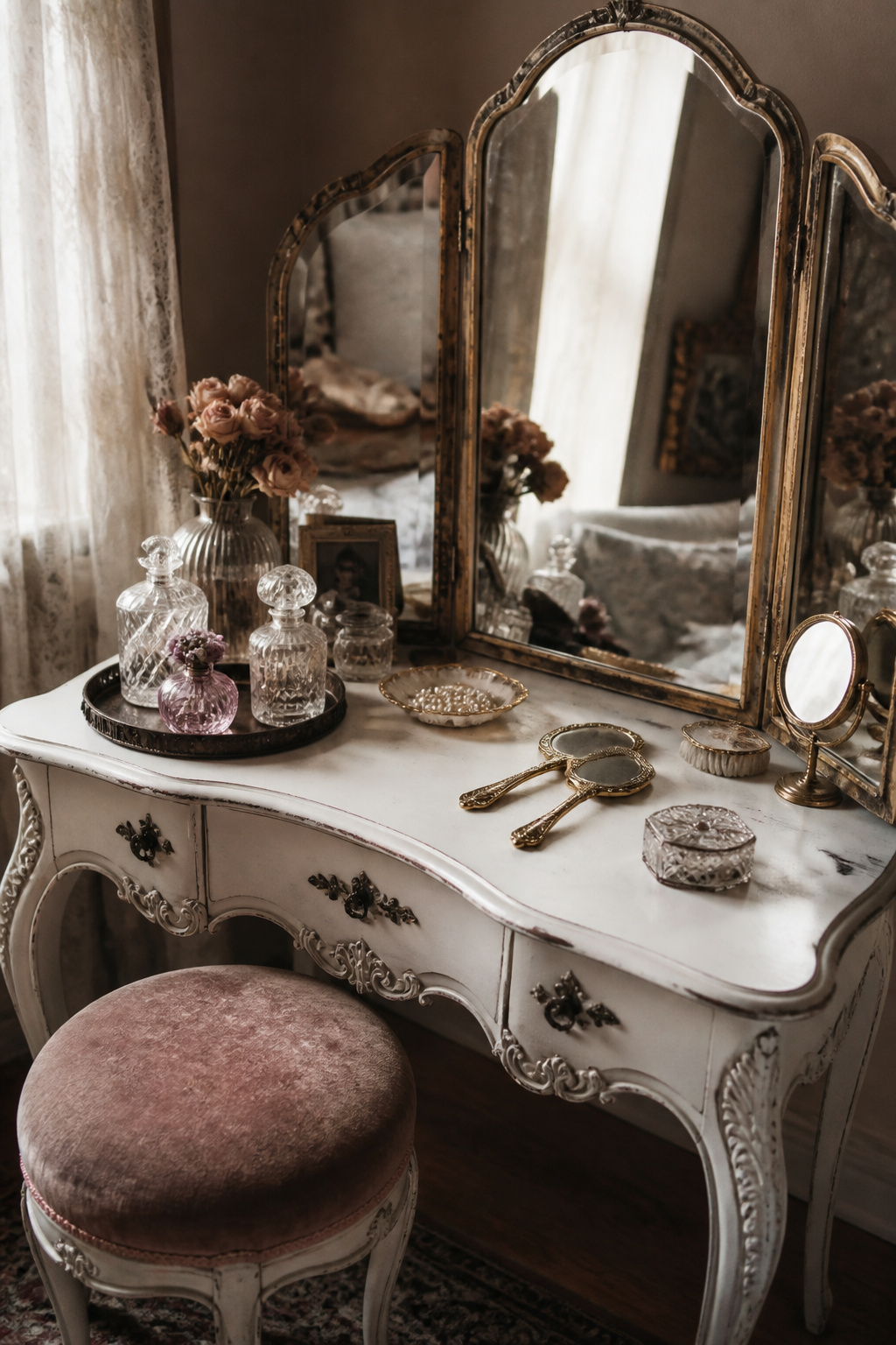 An antique-style vanity table does double duty as a practical getting-ready space and a romantic focal point — the key is finding one with curves and carved details, then letting a few beautiful objects do the styling work.