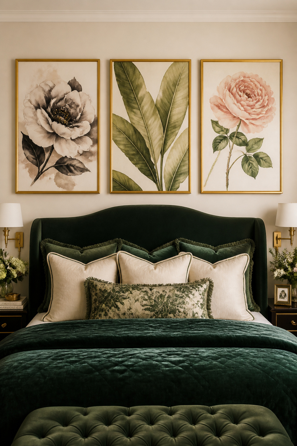 A triptych of botanical prints in matching gold frames creates a cohesive focal wall without requiring expensive artwork — the key is choosing prints that share the same color temperature.