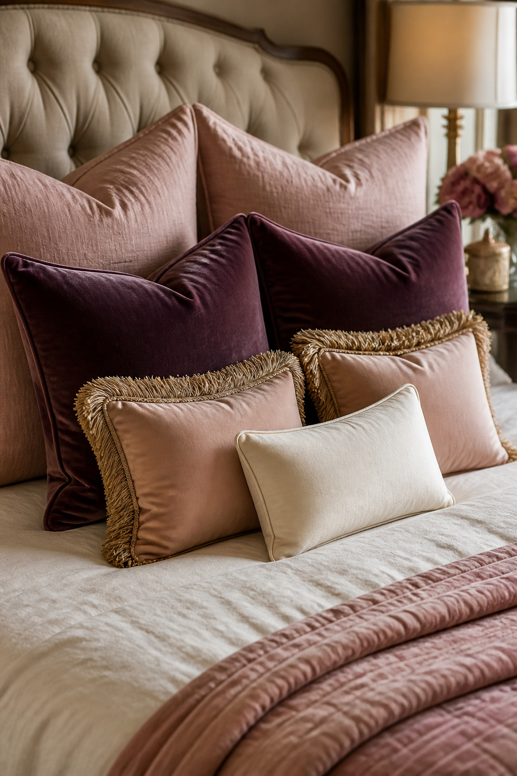 The key to a romantic pillow arrangement isn't quantity — it's texture contrast, combining velvet, linen, and silk within a single cohesive palette.