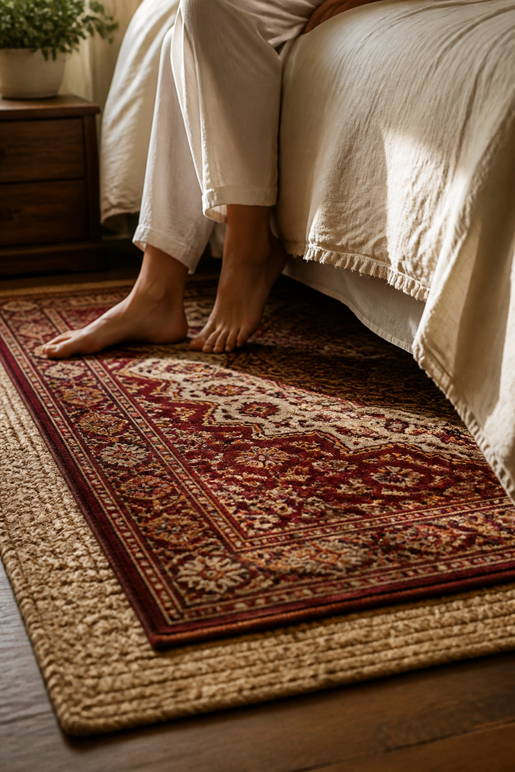 Layering a vintage Persian rug over a natural jute base gives the bedroom the kind of depth you'd expect in a design hotel — and it's achievable at almost any budget with the right sourcing strategy.