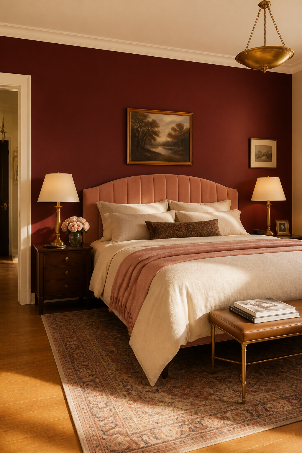 A single burgundy wall behind the bed is all it takes — pair it with blush textiles and brass hardware and the result reads unmistakably romantic without veering into heavy.
